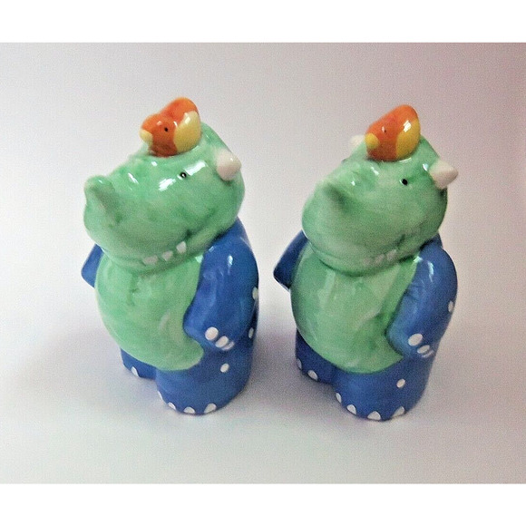 Salt & Pepper Shakers Ceramic Rhino Rhinoceros Dinosaur w/Bird by CoCo Dowley - Picture 1 of 11